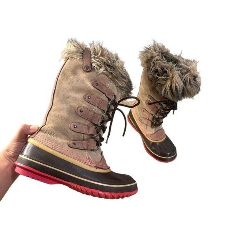 Sorel Joan of Artic Boots Womens 6 Beige Suede Leather Faux Fur Winter Waterproo